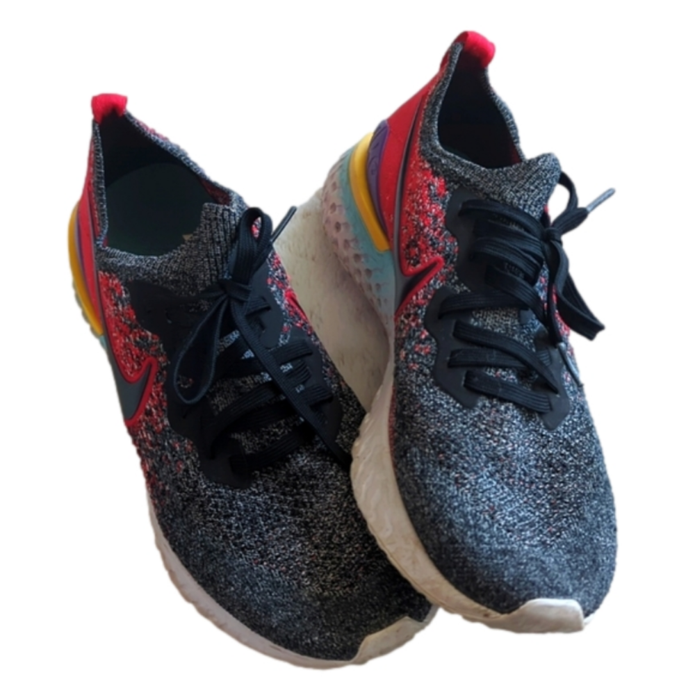 NIKE Womens Epic React Flyknit 2 Black Red Multi Color Running Shoes Size 10